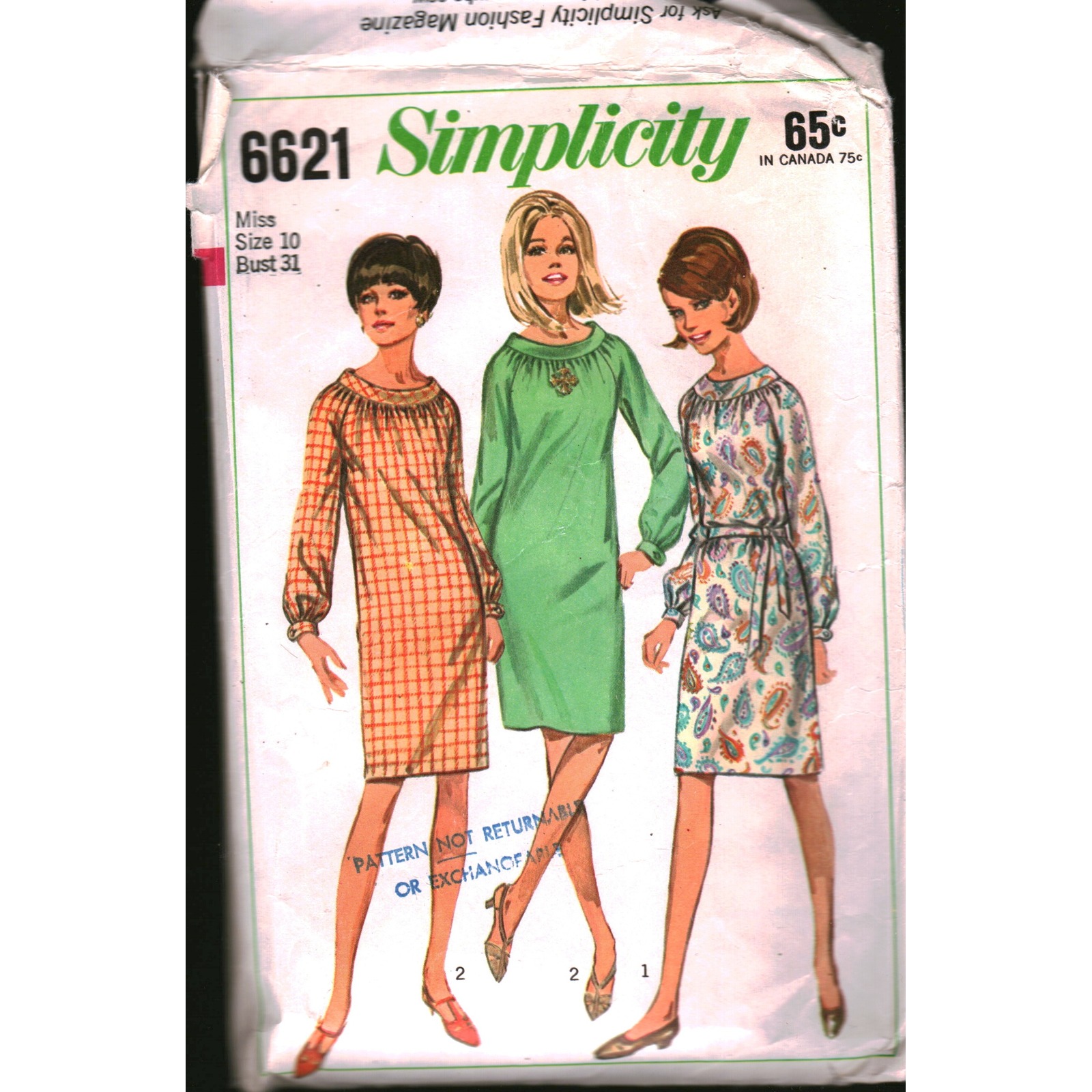 Vintage 1966 Simplicity 6621 Sewing Pattern Misses Slim Dress Raglan Sleeve 10